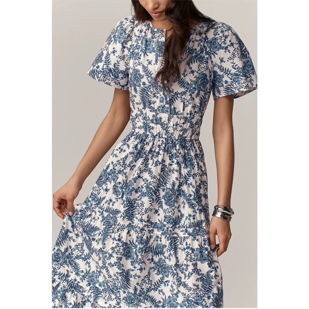 Anthropologie Somerset Maxi Ivory Blue Floral Tiered Cotton Summer Dress S - Picture 6 of 9